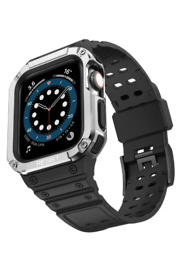 Newface Apple Watch 42mm KR401 Silikon Kordon - Siyah-Gümüş resmi