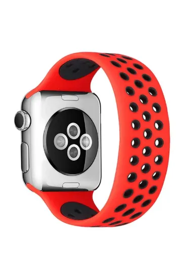 Newface Apple Watch 42mm Ayarlı Delikli Silikon Kordon - Kırmızı-Siyah resmi