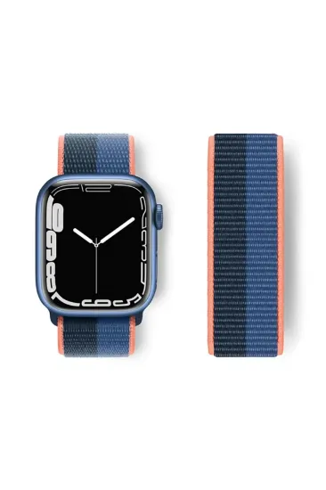 Newface Apple Watch 42mm Hasırlı Cırtcırtlı Kordon - Siyah-Mavi resmi