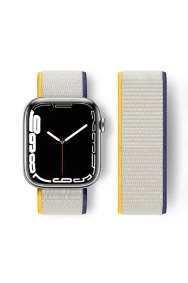 Newface Apple Watch 38mm Hasırlı Cırtcırtlı Kordon - Sarı-Beyaz resmi