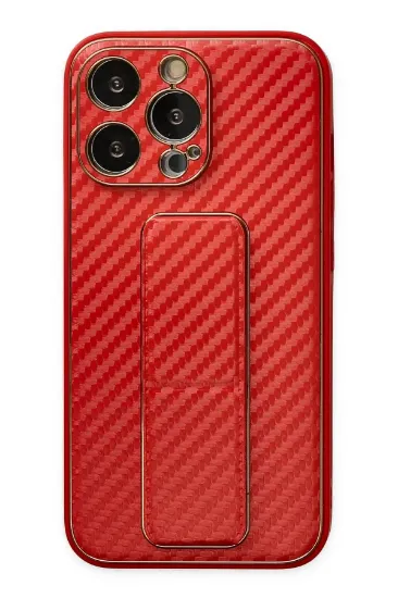 Newface iPhone 13 Pro Kılıf Coco Karbon Standlı Kapak - Kırmızı resmi