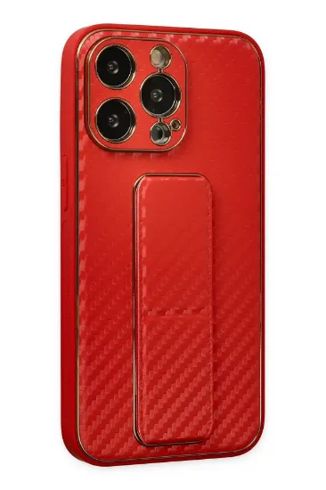 Newface iPhone 13 Pro Kılıf Coco Karbon Standlı Kapak - Kırmızı resmi