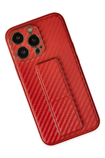 Newface iPhone 13 Pro Kılıf Coco Karbon Standlı Kapak - Kırmızı resmi