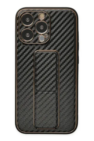 Newface iPhone 13 Pro Max Kılıf Coco Karbon Standlı Kapak - Siyah resmi