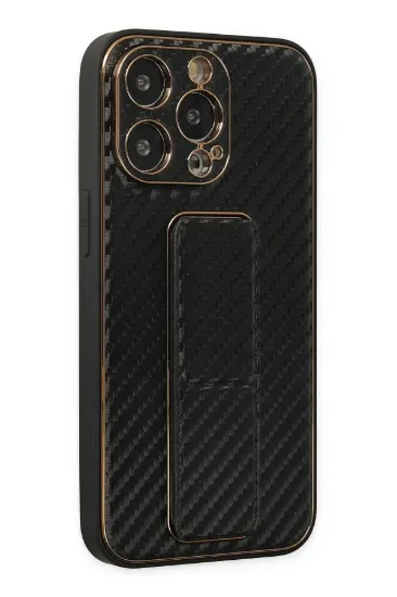 Newface iPhone 13 Pro Max Kılıf Coco Karbon Standlı Kapak - Siyah resmi