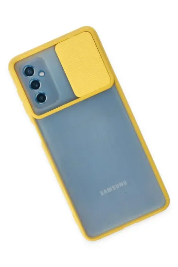 Newface Samsung Galaxy M52 5G Kılıf Palm Buzlu Kamera Sürgülü Silikon - Sarı resmi