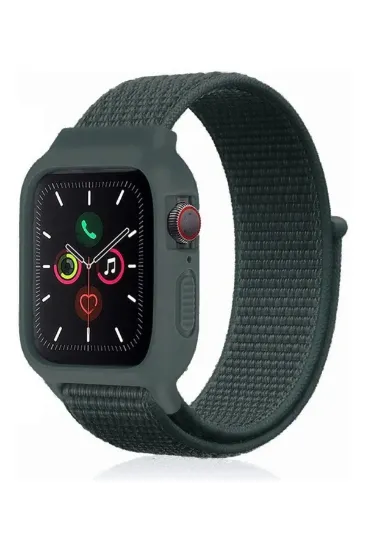Newface Apple Watch 38mm Hasırlı Cırtcırtlı Kasalı Kordon - Haki Yeşil resmi