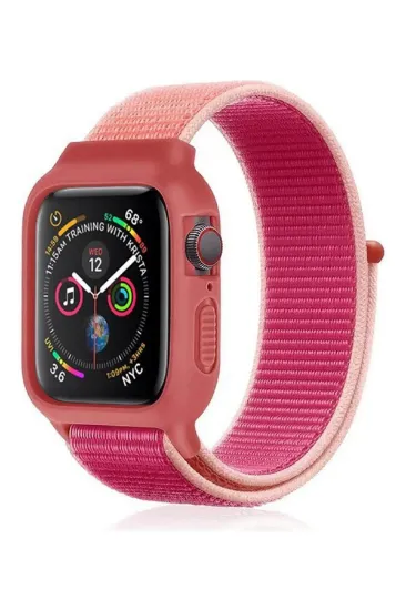 Newface Apple Watch 38mm Hasırlı Cırtcırtlı Kasalı Kordon - Pudra resmi