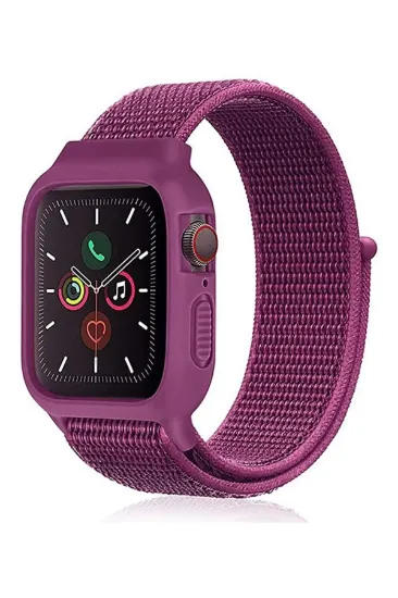Newface Apple Watch 38mm Hasırlı Cırtcırtlı Kasalı Kordon - Fuşya resmi