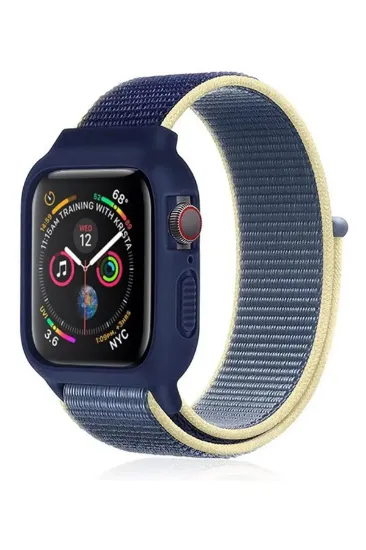 Newface Apple Watch 38mm Hasırlı Cırtcırtlı Kasalı Kordon - Sarı-Lacivert resmi