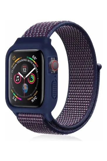 Newface Apple Watch 38mm Hasırlı Cırtcırtlı Kasalı Kordon - Lacivert-Mürdüm resmi