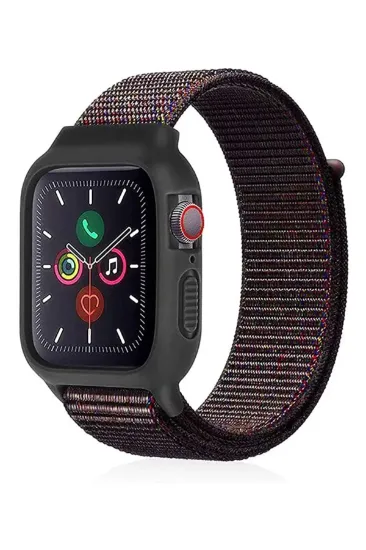 Newface Apple Watch 38mm Hasırlı Cırtcırtlı Kasalı Kordon - Siyah-Mavi resmi