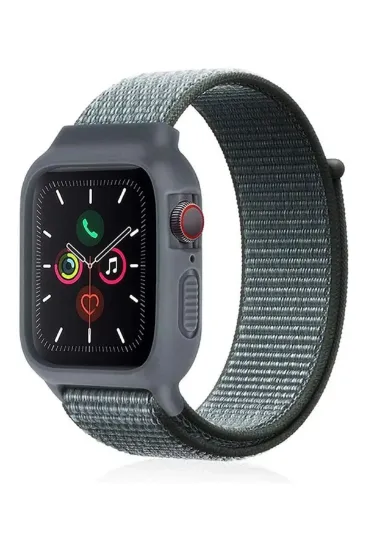 Newface Apple Watch 38mm Hasırlı Cırtcırtlı Kasalı Kordon - Gri-Turkuaz resmi