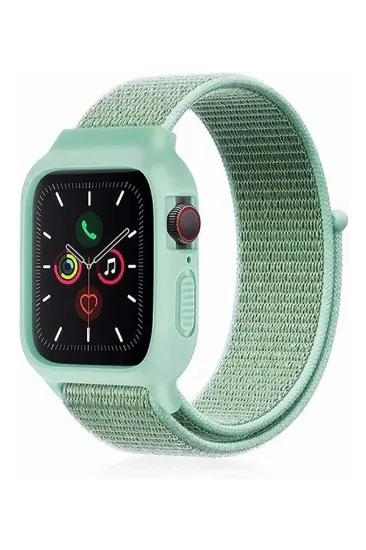 Newface Apple Watch 42mm Hasırlı Cırtcırtlı Kasalı Kordon - Turkuaz resmi