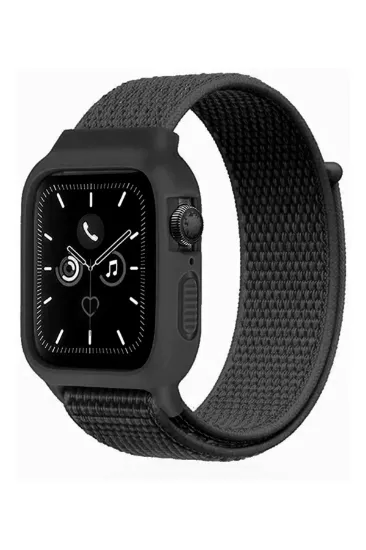 Newface Apple Watch 42mm Hasırlı Cırtcırtlı Kasalı Kordon - Siyah resmi