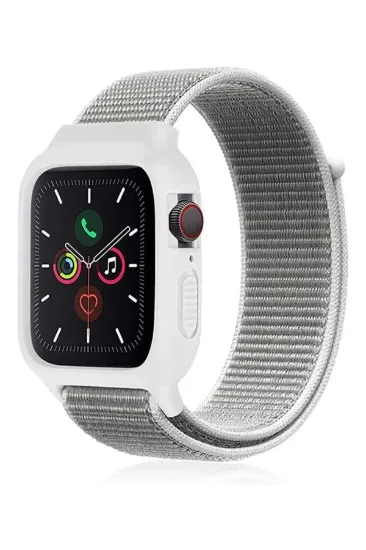 Newface Apple Watch 42mm Hasırlı Cırtcırtlı Kasalı Kordon - Beyaz resmi