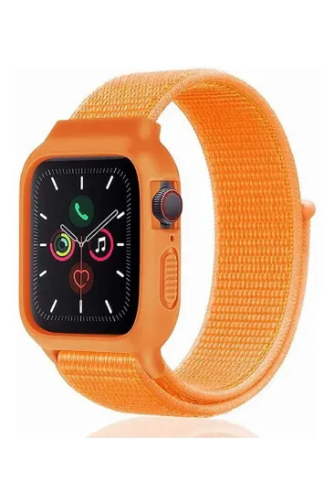 Newface Apple Watch 42mm Hasırlı Cırtcırtlı Kasalı Kordon - Turuncu resmi