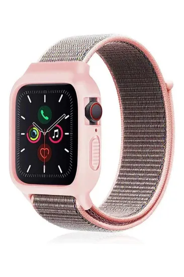 Newface Apple Watch 42mm Hasırlı Cırtcırtlı Kasalı Kordon - Pembe resmi