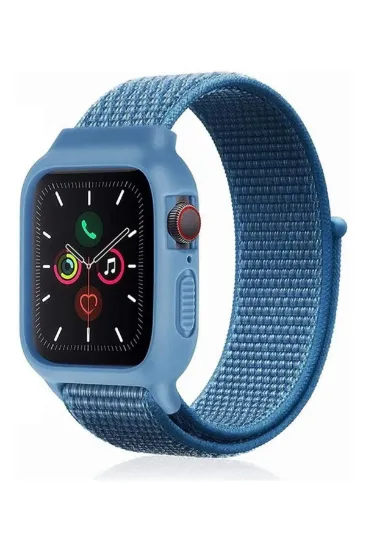 Newface Apple Watch 42mm Hasırlı Cırtcırtlı Kasalı Kordon - Mavi resmi