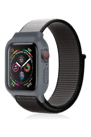 Newface Apple Watch 42mm Hasırlı Cırtcırtlı Kasalı Kordon - Siyah-Gri resmi