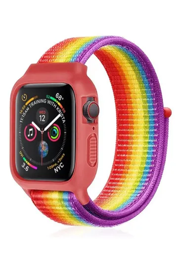 Newface Apple Watch 42mm Hasırlı Cırtcırtlı Kasalı Kordon - Gökkuşağı resmi