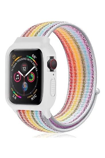 Newface Apple Watch 42mm Hasırlı Cırtcırtlı Kasalı Kordon - Gökkuşağı 2 resmi