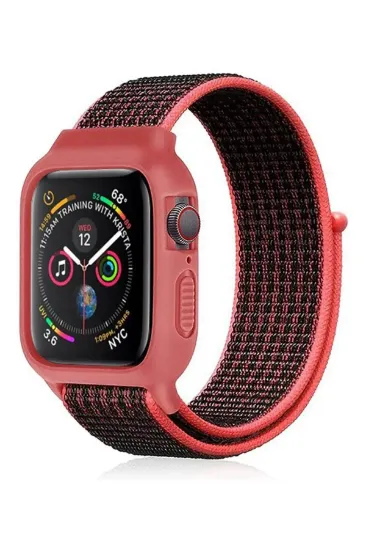 Newface Apple Watch 42mm Hasırlı Cırtcırtlı Kasalı Kordon - Siyah-Pembe resmi
