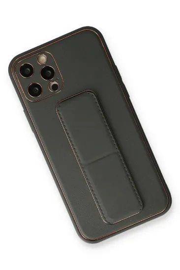 Newface iPhone 12 Pro Max Kılıf Coco Deri Standlı Kapak - Füme resmi