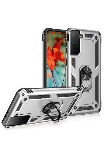 Newface Samsung Galaxy S21 Kılıf Sofya Yüzüklü Silikon Kapak - Gümüş resmi