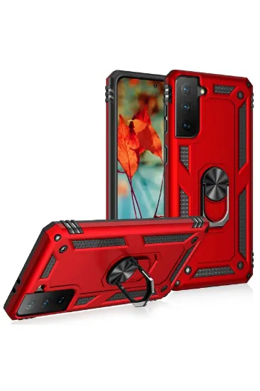 Newface Samsung Galaxy S21 Kılıf Sofya Yüzüklü Silikon Kapak - Kırmızı resmi