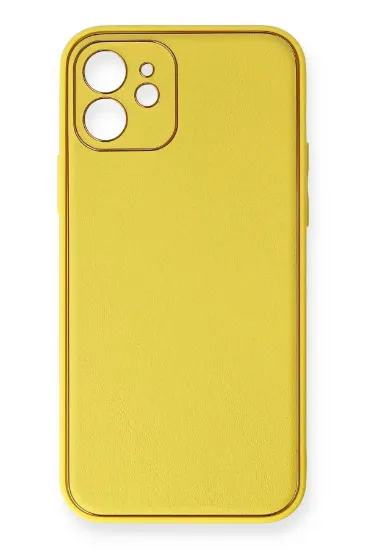 Newface iPhone 12 Kılıf Coco Deri Silikon Kapak - Sarı resmi