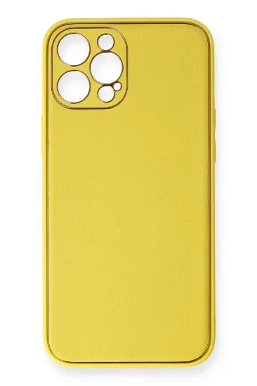 Newface iPhone 12 Pro Max Kılıf Coco Deri Silikon Kapak - Sarı resmi