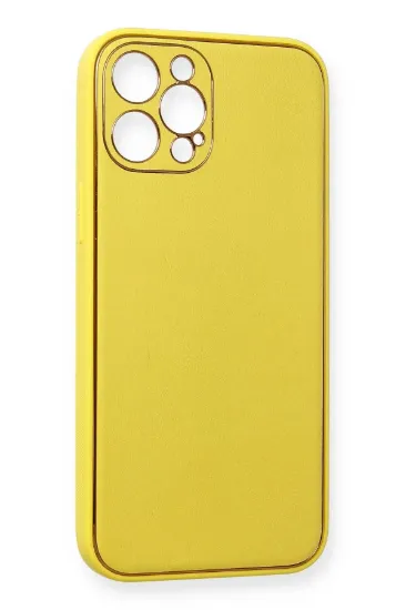 Newface iPhone 12 Pro Max Kılıf Coco Deri Silikon Kapak - Sarı resmi