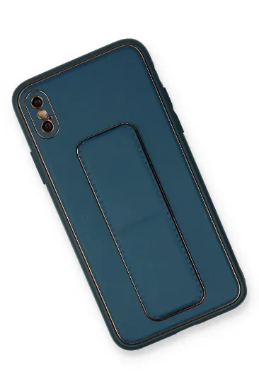 Newface iPhone X Kılıf Coco Deri Standlı Kapak - Mavi resmi