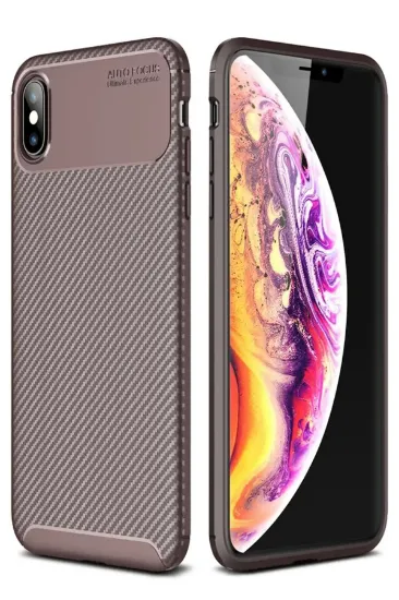 Newface iPhone XS Max Kılıf Auto Focus Karbon Kapak - Kahverengi resmi