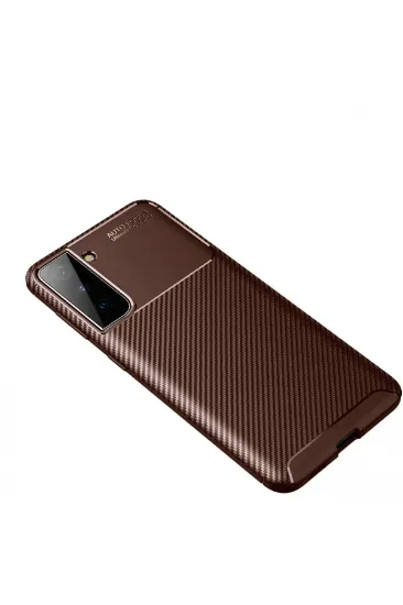 Newface Samsung Galaxy S21 Plus Kılıf Auto Focus Karbon Kapak - Kahverengi resmi