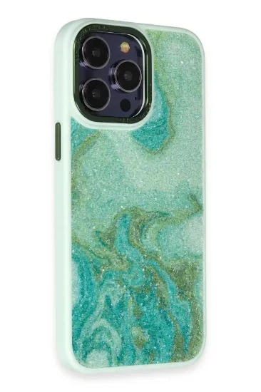 Newface iPhone 12 Pro Max Kılıf Moda Simli Kapak - Yeşil resmi
