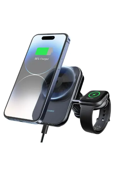 Newface S15 2in1 Izgara Klipsli 15W Telefon ve 5W Apple Watch Kablosuz Şarj Destekli Soğutucu Fanlı Manyetik Magsafe Araç Tutucu - Siyah resmi
