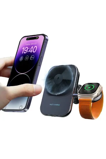 Newface S15 2in1 Izgara Klipsli 15W Telefon ve 5W Apple Watch Kablosuz Şarj Destekli Soğutucu Fanlı Manyetik Magsafe Araç Tutucu - Siyah resmi