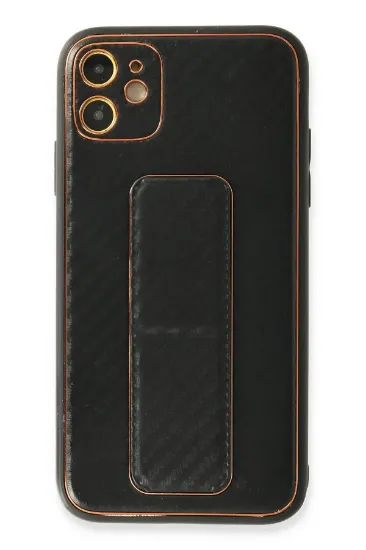 Newface iPhone 12 Kılıf Coco Karbon Standlı Kapak - Siyah resmi