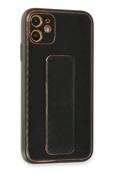 Newface iPhone 12 Kılıf Coco Karbon Standlı Kapak - Siyah resmi