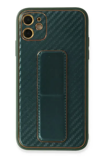 Newface iPhone 12 Kılıf Coco Karbon Standlı Kapak - Yeşil resmi