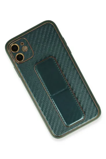 Newface iPhone 12 Kılıf Coco Karbon Standlı Kapak - Yeşil resmi