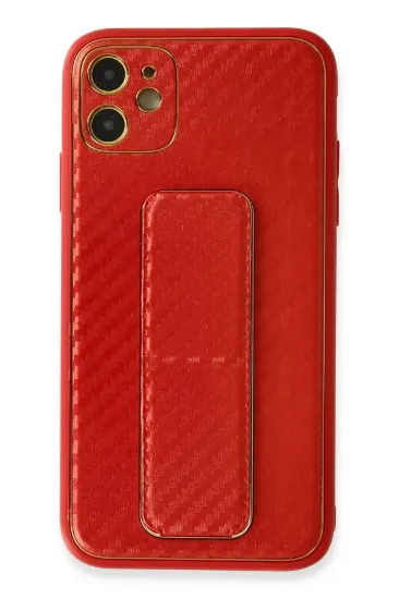 Newface iPhone 12 Kılıf Coco Karbon Standlı Kapak - Kırmızı resmi