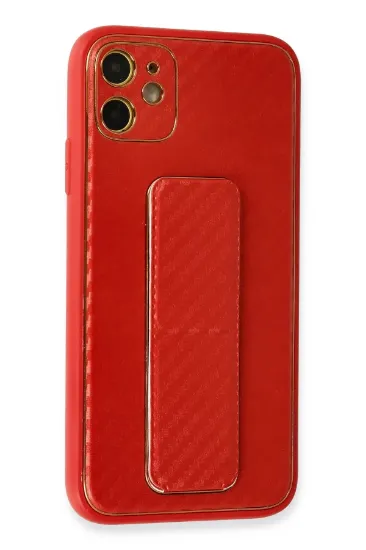Newface iPhone 12 Kılıf Coco Karbon Standlı Kapak - Kırmızı resmi