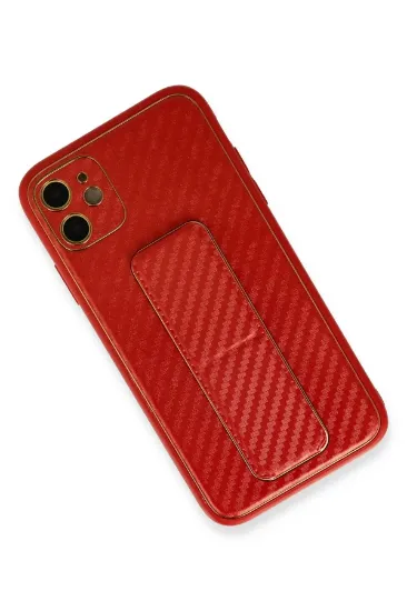Newface iPhone 12 Kılıf Coco Karbon Standlı Kapak - Kırmızı resmi