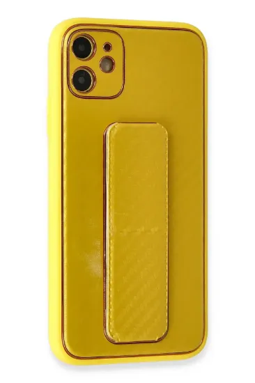 Newface iPhone 12 Kılıf Coco Karbon Standlı Kapak - Sarı resmi