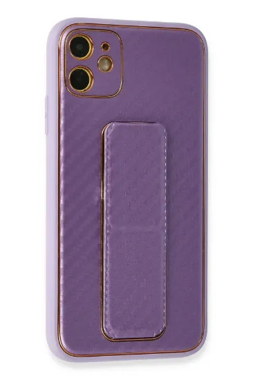 Newface iPhone 12 Kılıf Coco Karbon Standlı Kapak - Mor resmi