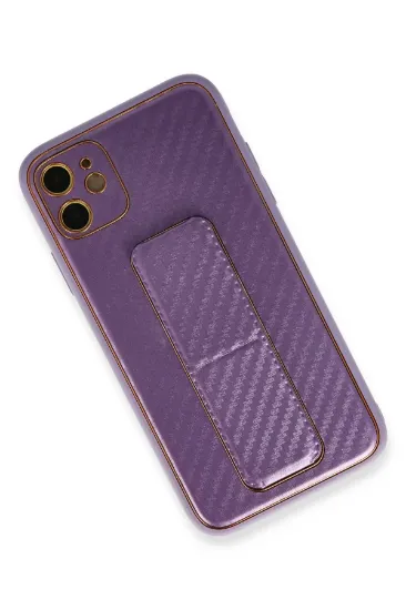 Newface iPhone 12 Kılıf Coco Karbon Standlı Kapak - Mor resmi