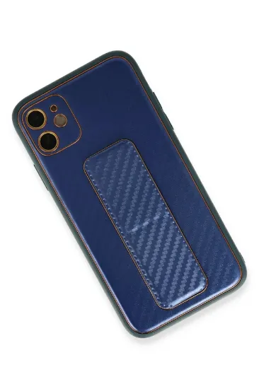 Newface iPhone 12 Kılıf Coco Karbon Standlı Kapak - Mavi resmi